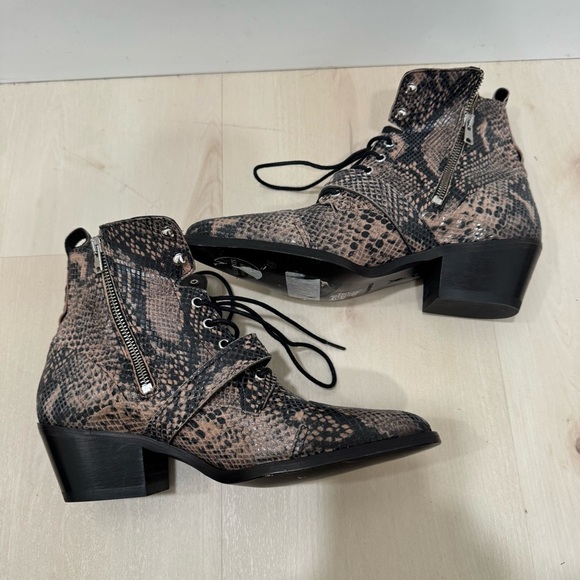 AllSaints Katy Leather Boots Taupe Snake Print Women EU 40 US 10 Heeled Lace Up - Picture 7 of 16